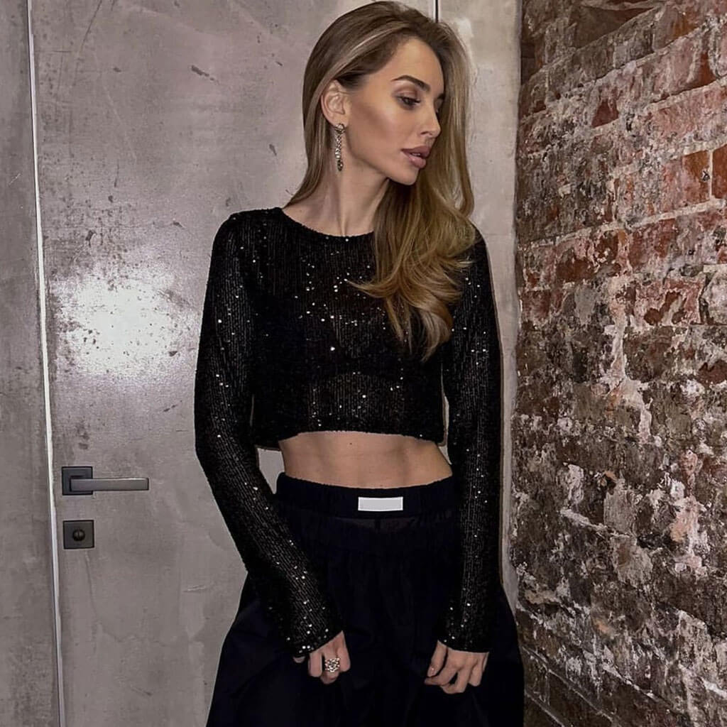 Sparkly Metallic Effect Crew Neck Long Sleeve Semi Sheer Sequin Crop Top - Image 4