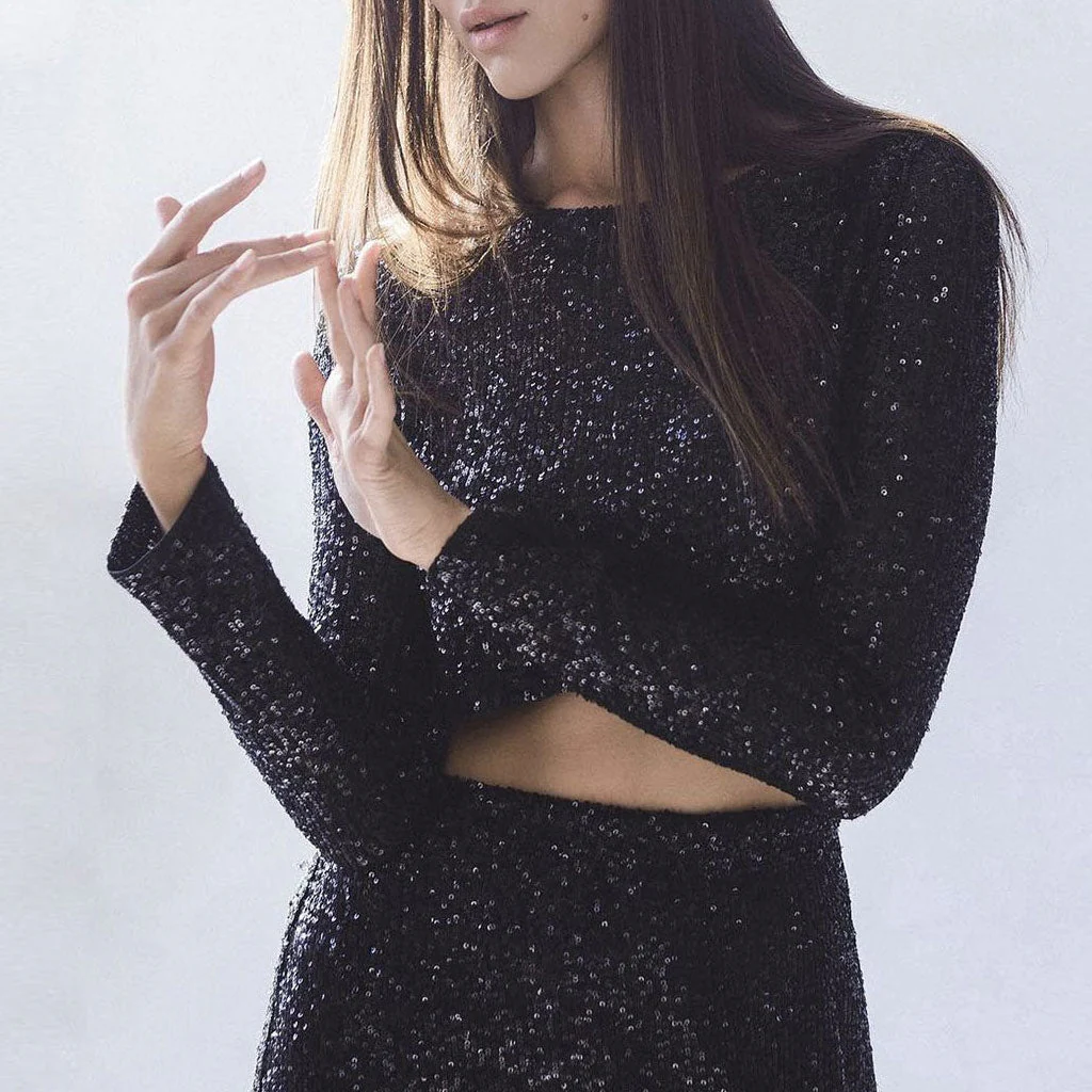 Sparkly Metallic Effect Crew Neck Long Sleeve Semi Sheer Sequin Crop Top - Image 5