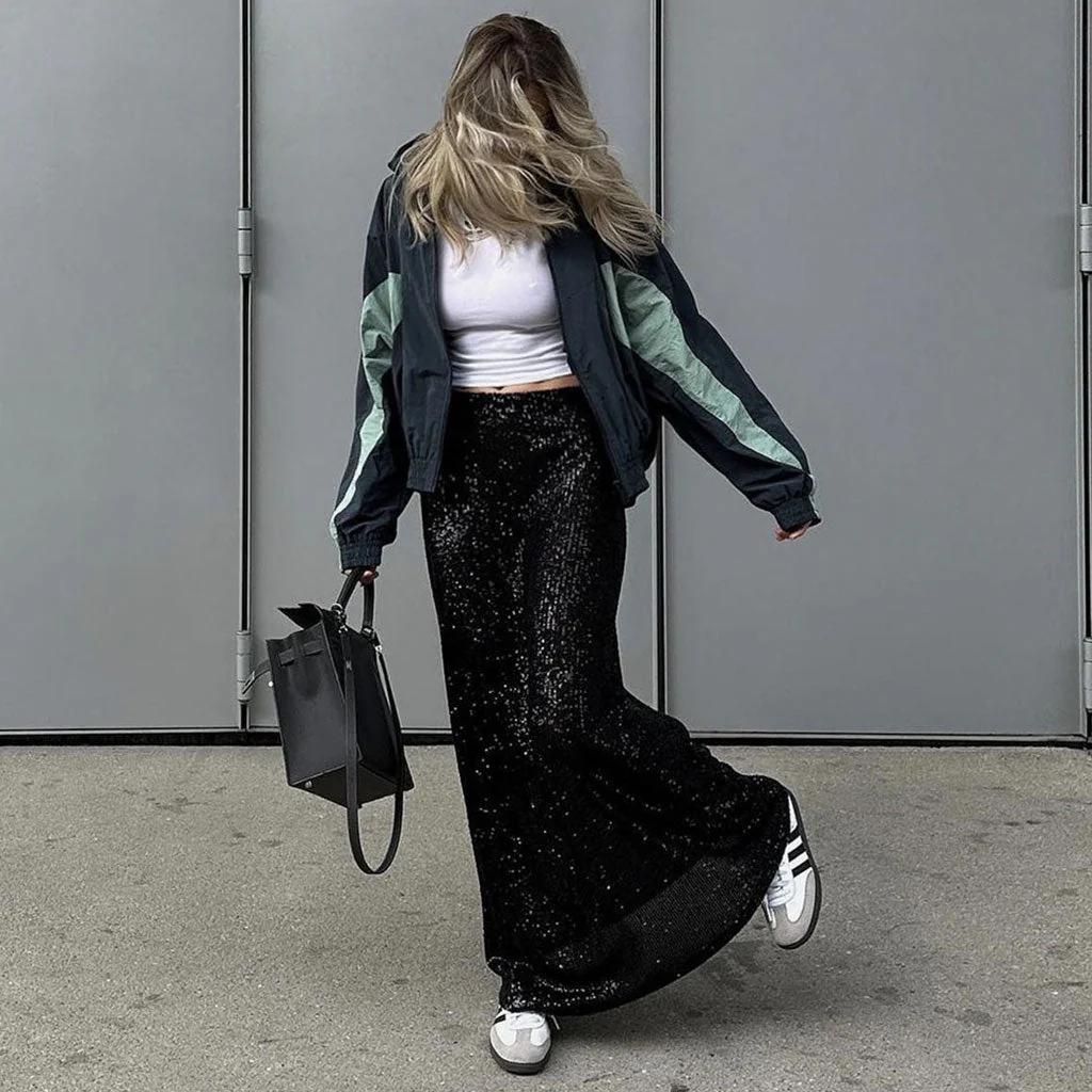 Sparkly Metallic Effect Mid Rise A Line Sequin Maxi Skirt - Image 4