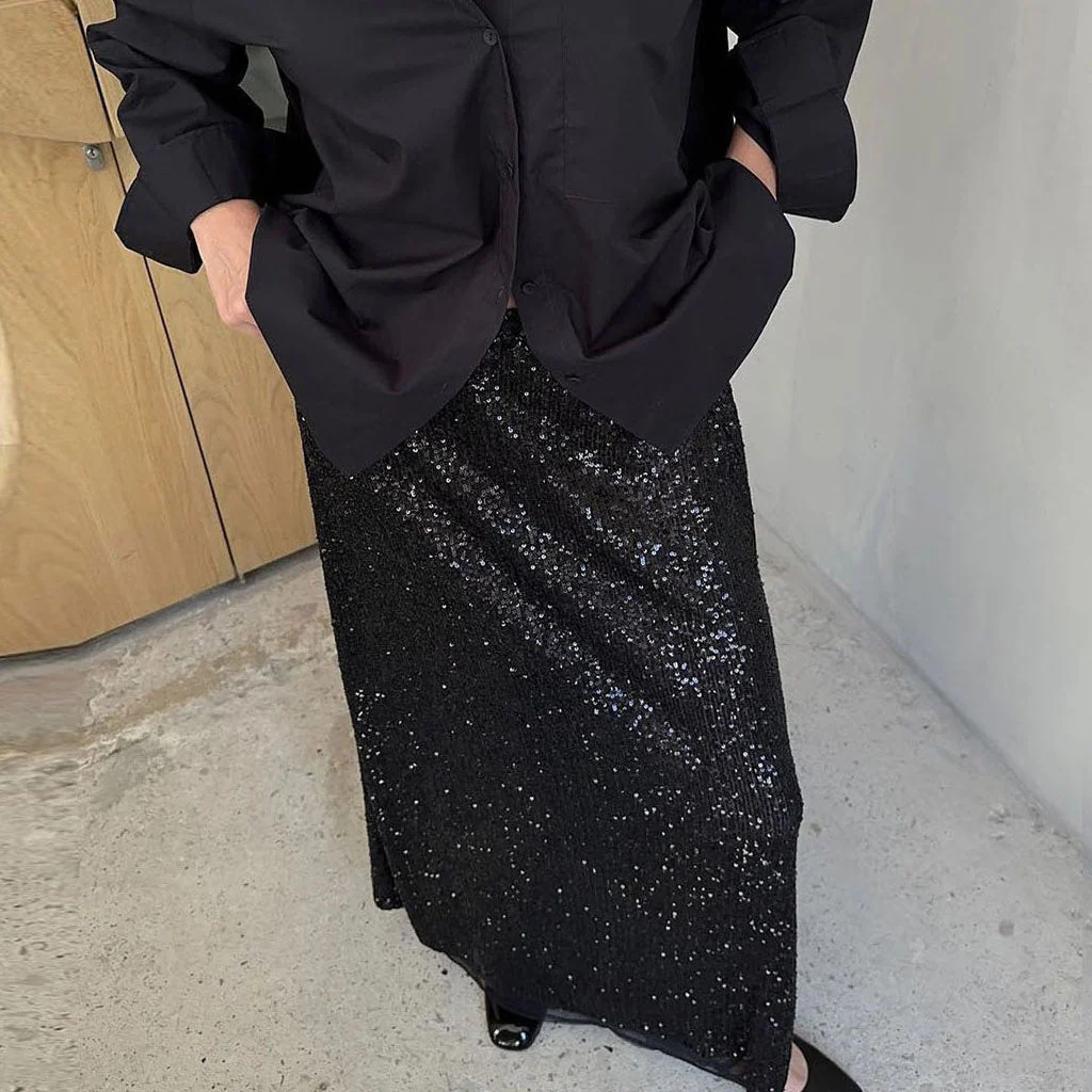 Sparkly Metallic Effect Mid Rise A Line Sequin Maxi Skirt - Image 5