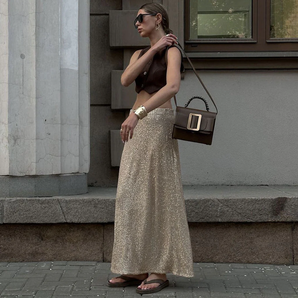 Sparkly Metallic Effect Mid Rise A Line Sequin Maxi Skirt - Image 6