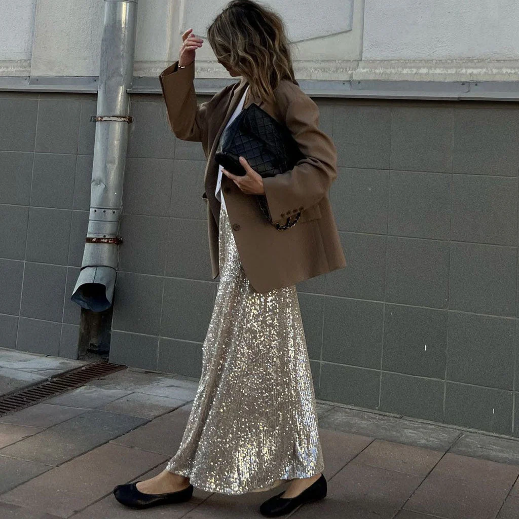 Sparkly Metallic Effect Mid Rise A Line Sequin Maxi Skirt - Image 7