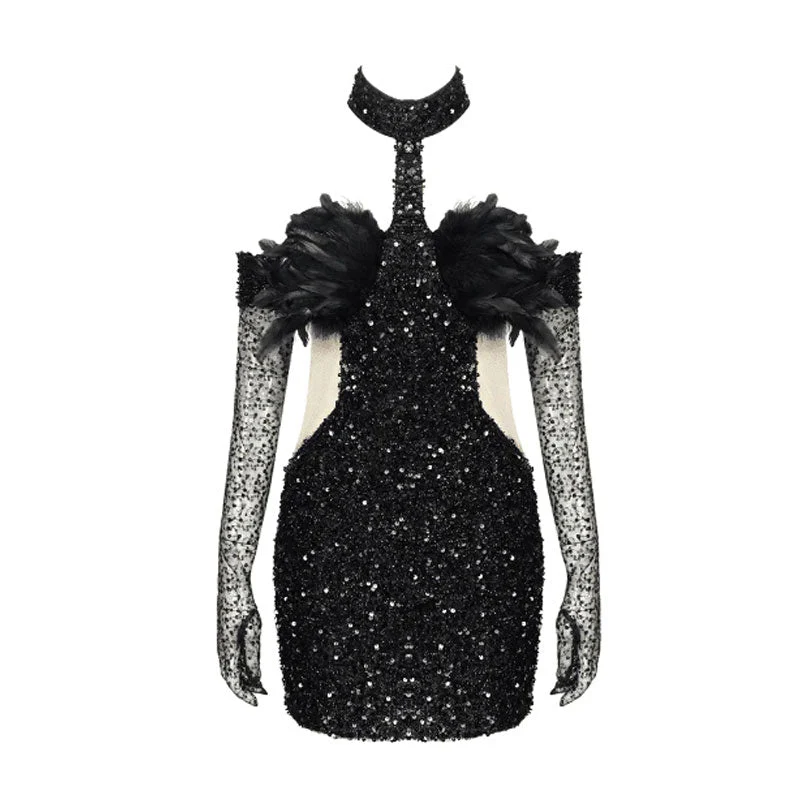 Sparkly Mock Neck Feather Trim Bra Cross CutOut Sheer Mesh Glove Sequin Mini Dress - Image 3