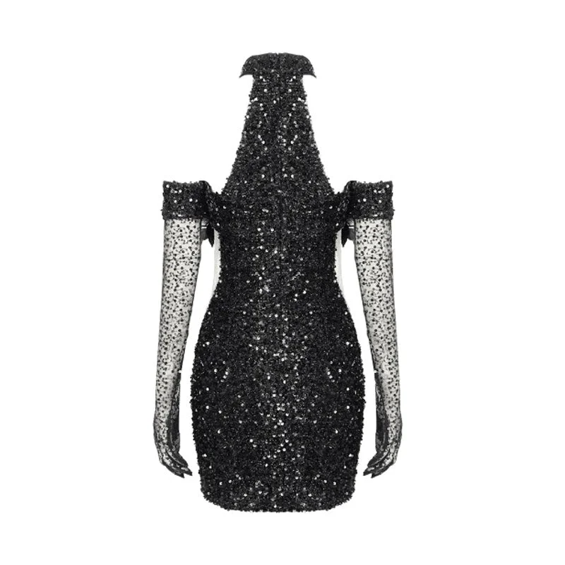 Sparkly Mock Neck Feather Trim Bra Cross CutOut Sheer Mesh Glove Sequin Mini Dress - Image 4