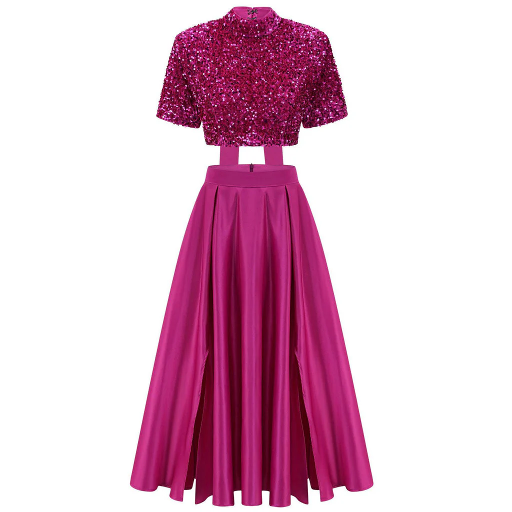 Sparkly Mock Neck Short Sleeve Cut Out Velvet Sequin Crop Bow Top Matching Set - Image 7
