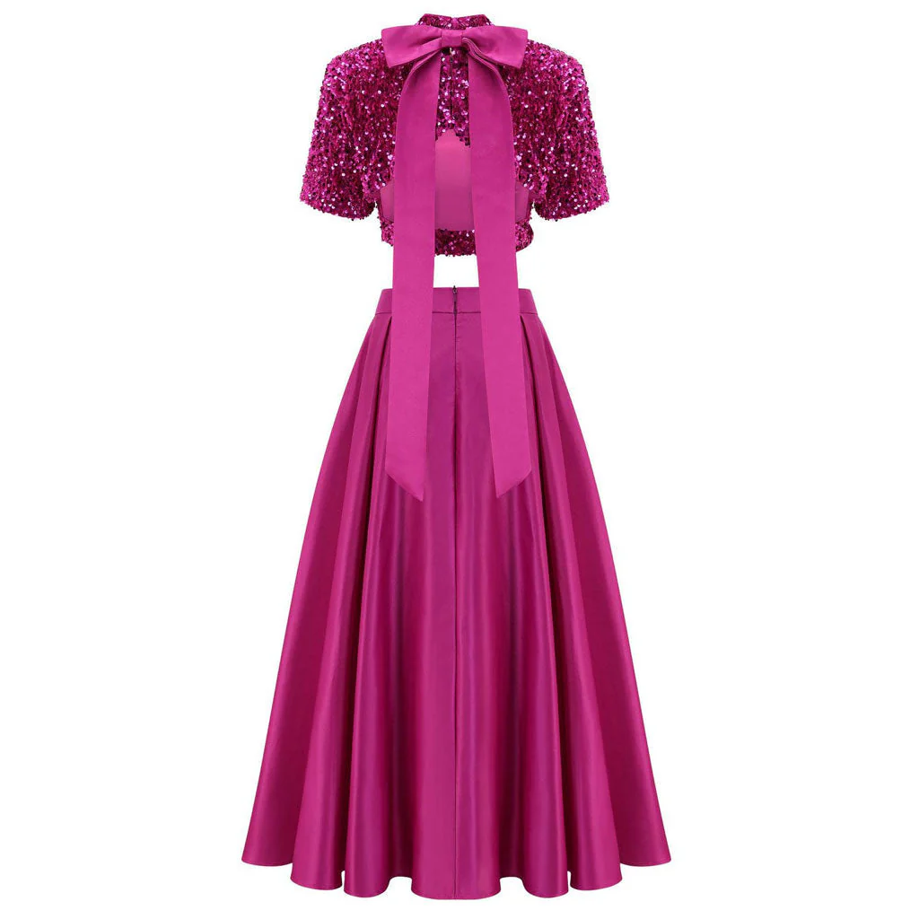 Sparkly Mock Neck Short Sleeve Cut Out Velvet Sequin Crop Bow Top Matching Set - Image 8