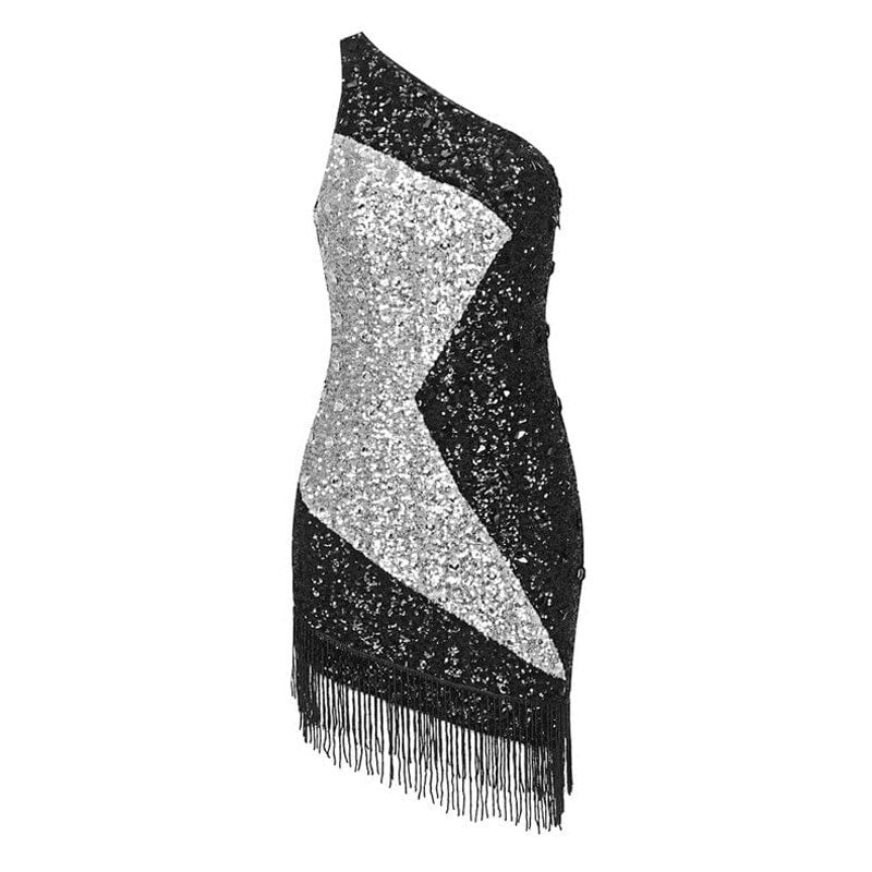 Sparkly One Shoulder Contrast Rhinestone Sequined Fringe Trim Mini Party Dress - Image 2