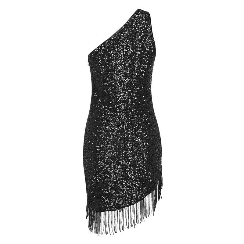 Sparkly One Shoulder Contrast Rhinestone Sequined Fringe Trim Mini Party Dress - Image 3