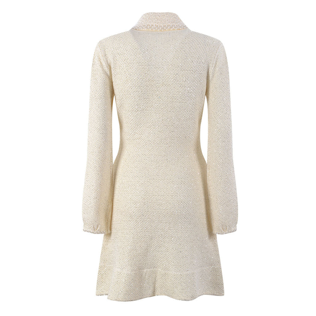 Sparkly Pearl Collar Half Button Long Sleeve Ruffled Sequined Wool Knit Mini Dress - Image 2