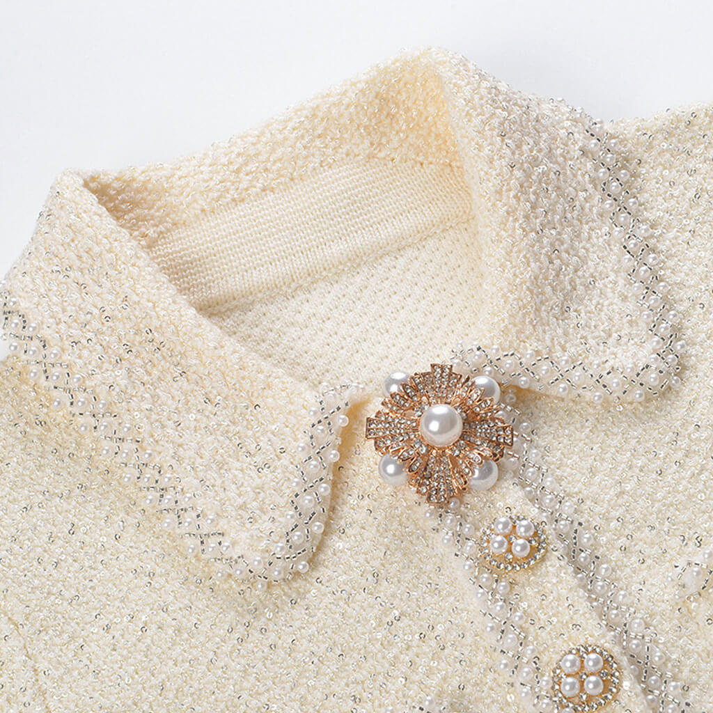 Sparkly Pearl Collar Half Button Long Sleeve Ruffled Sequined Wool Knit Mini Dress - Image 3