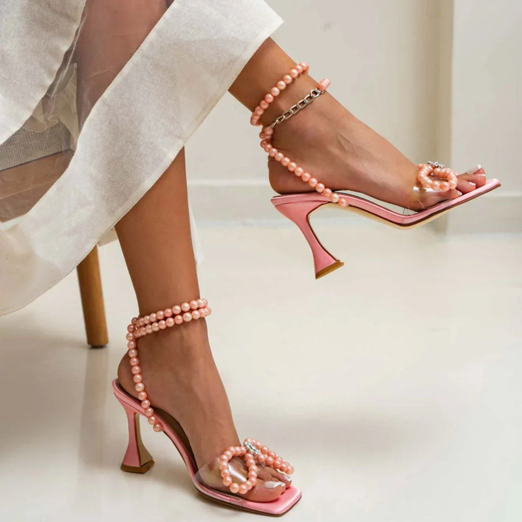 Sparkly Pearl Strap Unique High Heels Butterfly Sandals - Pink - Image 3