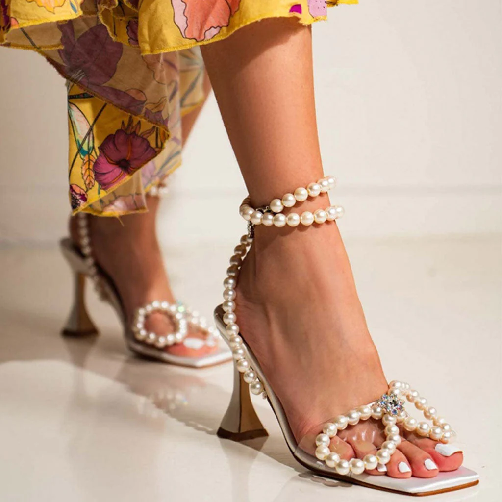 Sparkly Pearl Strap Unique High Heels Butterfly Sandals - White - Image 4