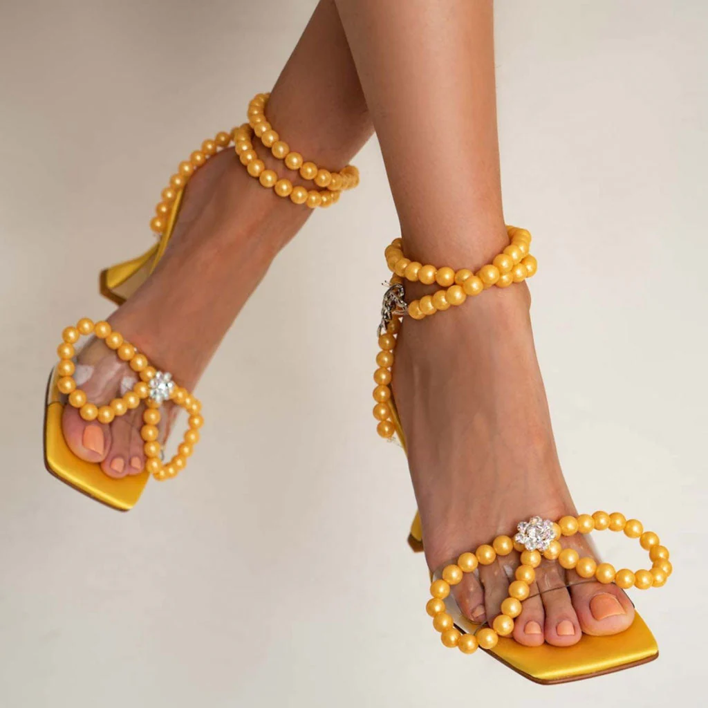 Sparkly Pearl Strap Unique High Heels Butterfly Sandals - Yellow - Image 3