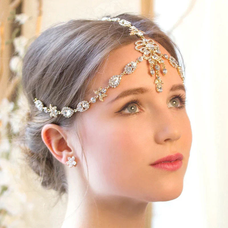 Sparkly Plated Crystal Embellished Bridal Head Chain - Gold - Image 3