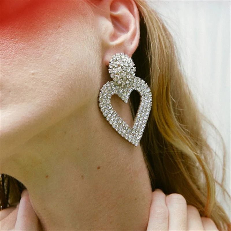Sparkly Plated Crystal Embellished Heart Shape Drop Earrings - Silver - Image 2