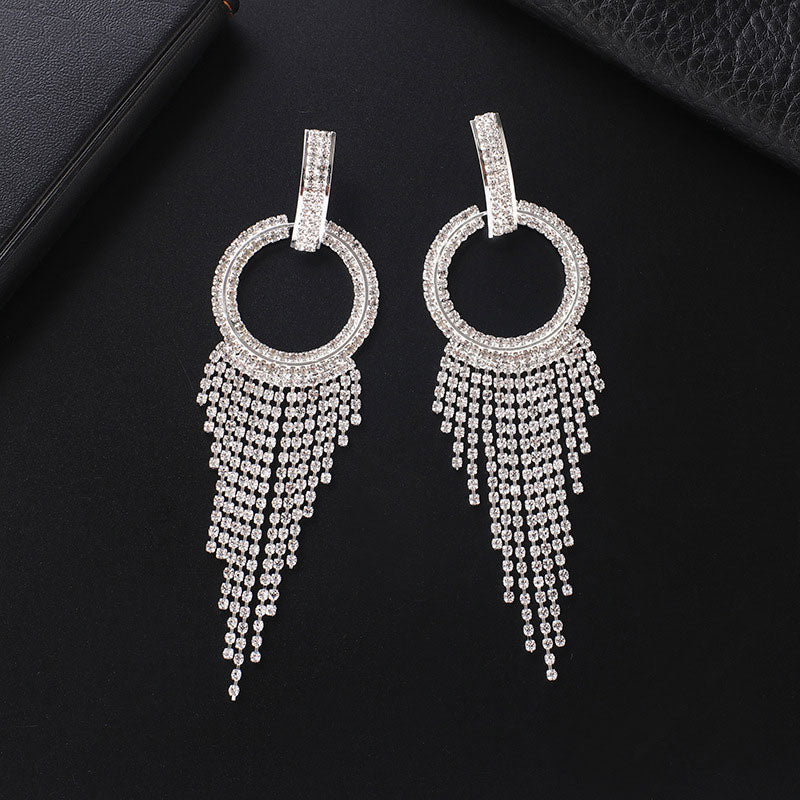 Sparkly Plated Crystal Embellished Hoop Fringe Dangle Earrings - Silver - Image 2