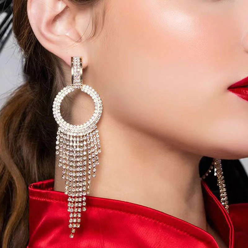 Sparkly Plated Crystal Embellished Hoop Fringe Dangle Earrings - Silver - Image 3