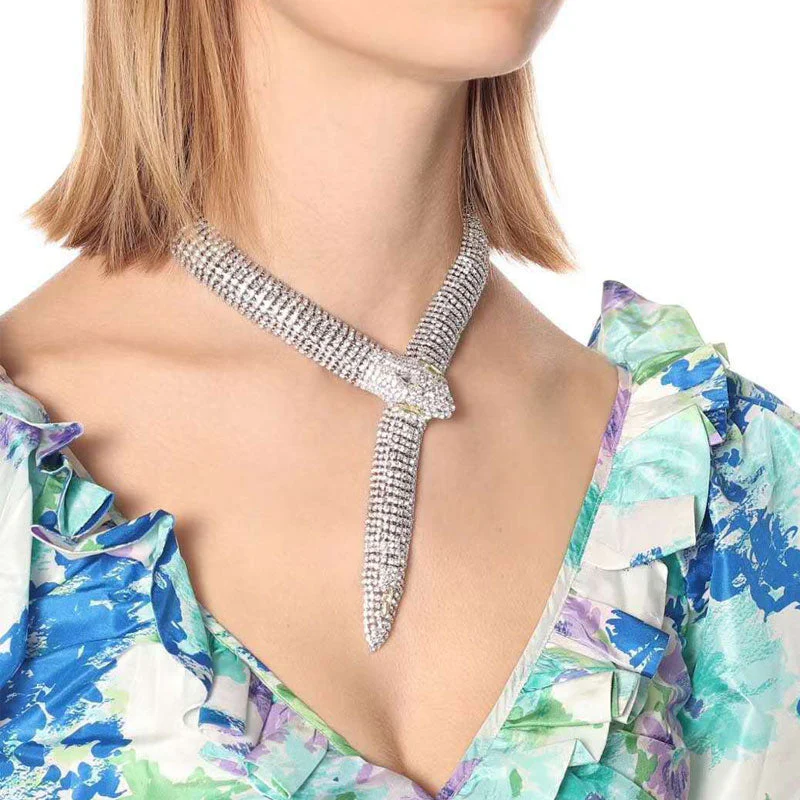 Sparkly Plated Crystal Embellished Snake Shape NeckLace - Silver - Image 3