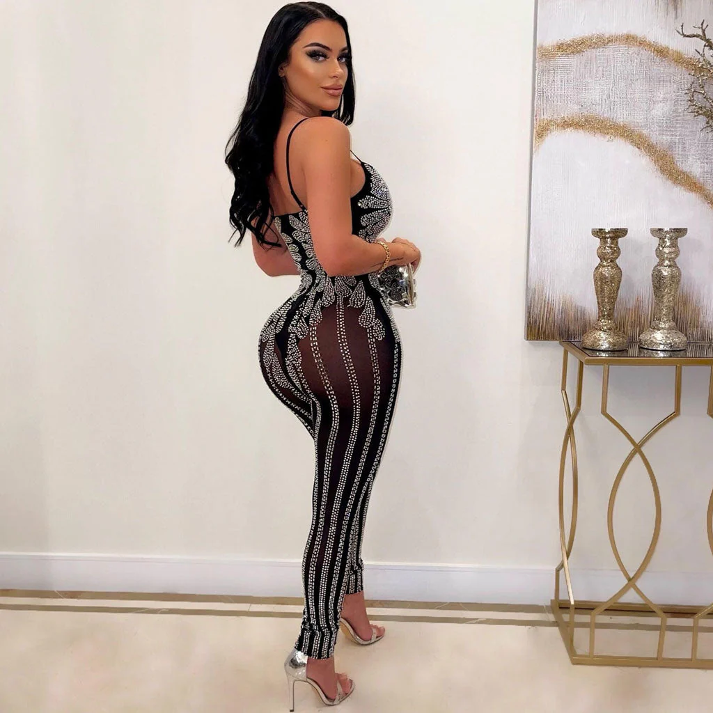 Sparkly Plunge Neck Rhinestone Detail Sheer Mesh Bodycon Sleeveless Jumpsuit - Image 2