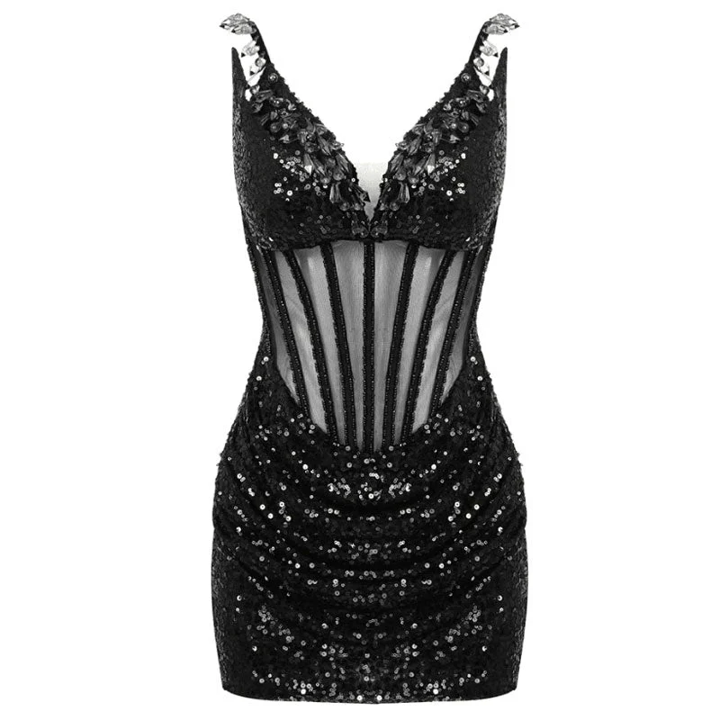 Sparkly Plunge Rhinestone Sequin Ruched Sheer Mesh Bodycon Corset Mini Dress - Image 4
