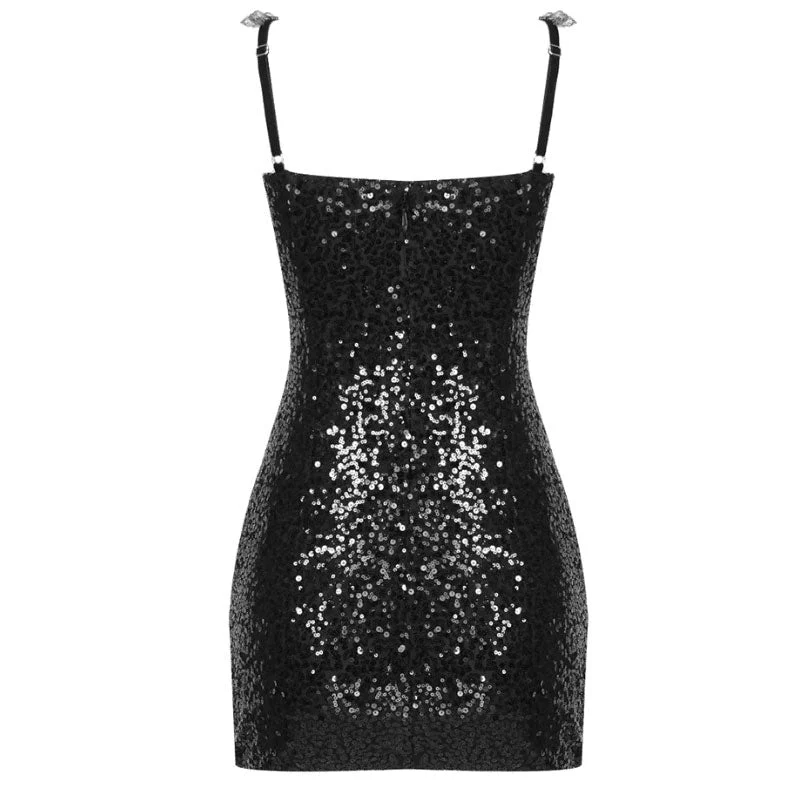 Sparkly Plunge Rhinestone Sequin Ruched Sheer Mesh Bodycon Corset Mini Dress - Image 5
