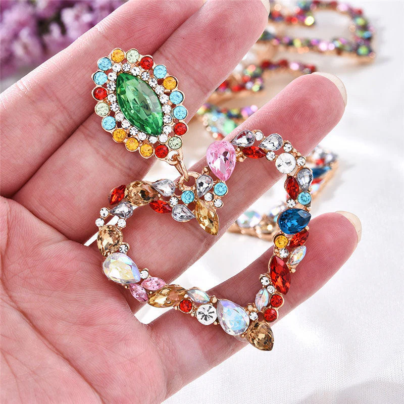 Sparkly Rainbow Rhinestone Heart Statement Drop Earrings - Multicolor - Image 2