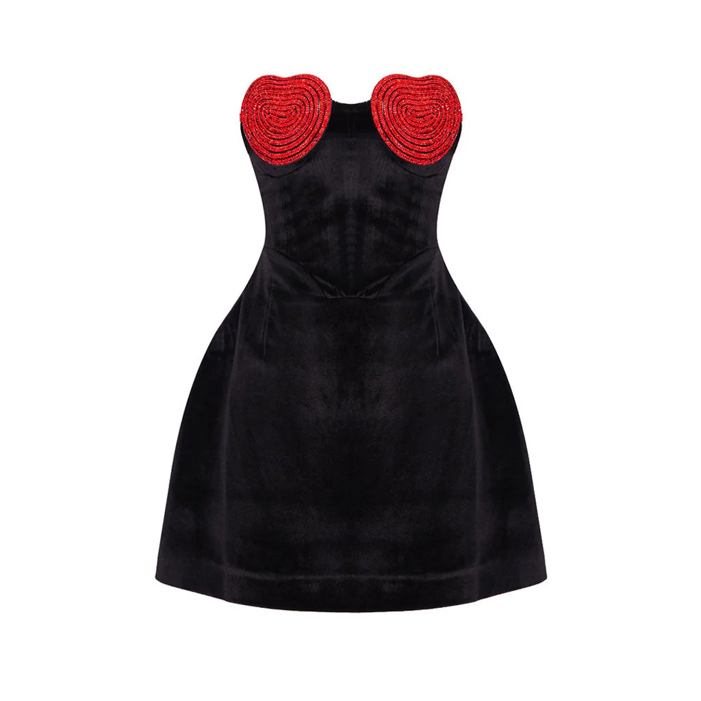 Sparkly Red Rhinestone Heart Bandeau Neck Strapless Velvet Mini Party Dress - Image 4
