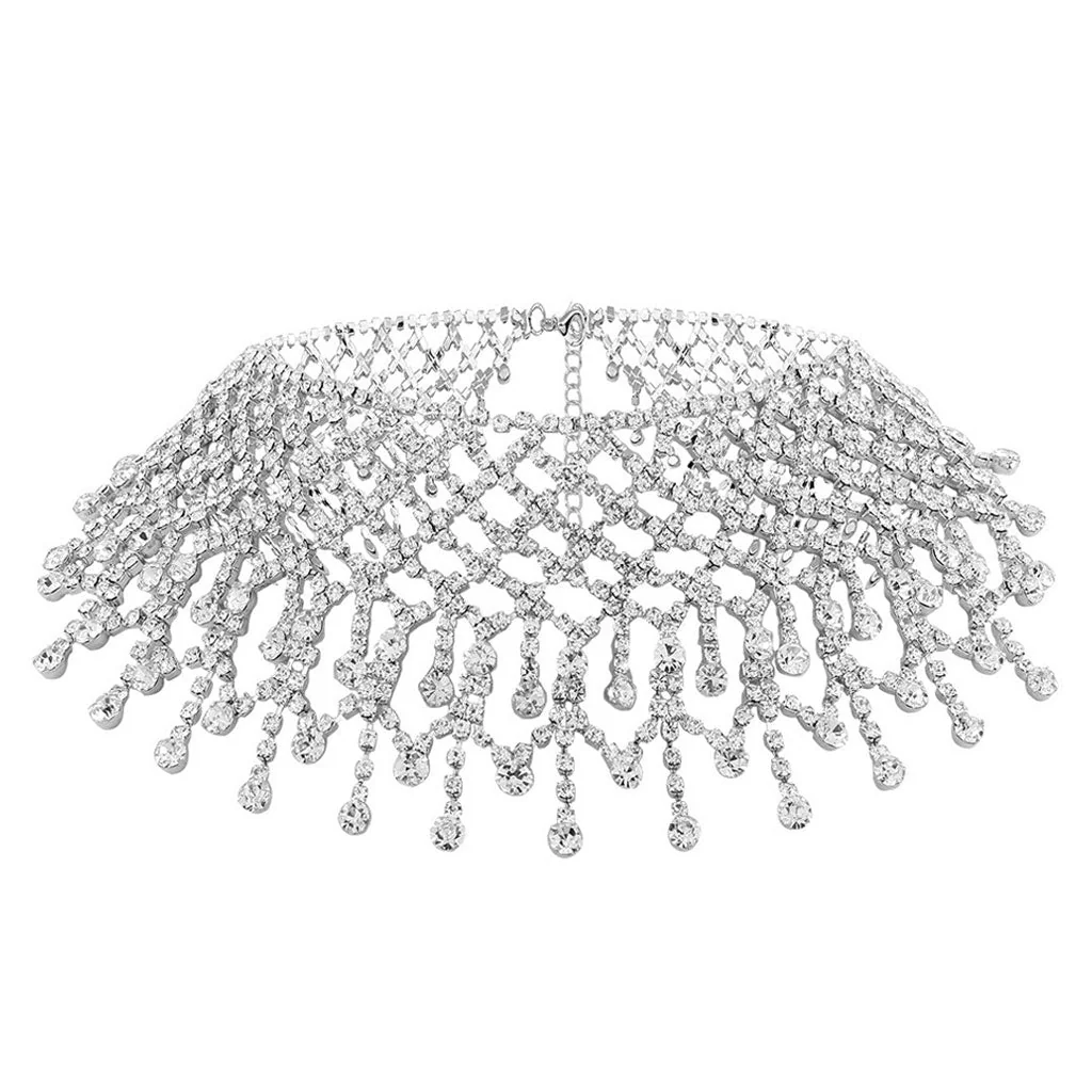 Sparkly Rhinestone Chain Fringe Statement Choker Necklace - Silver - Image 2