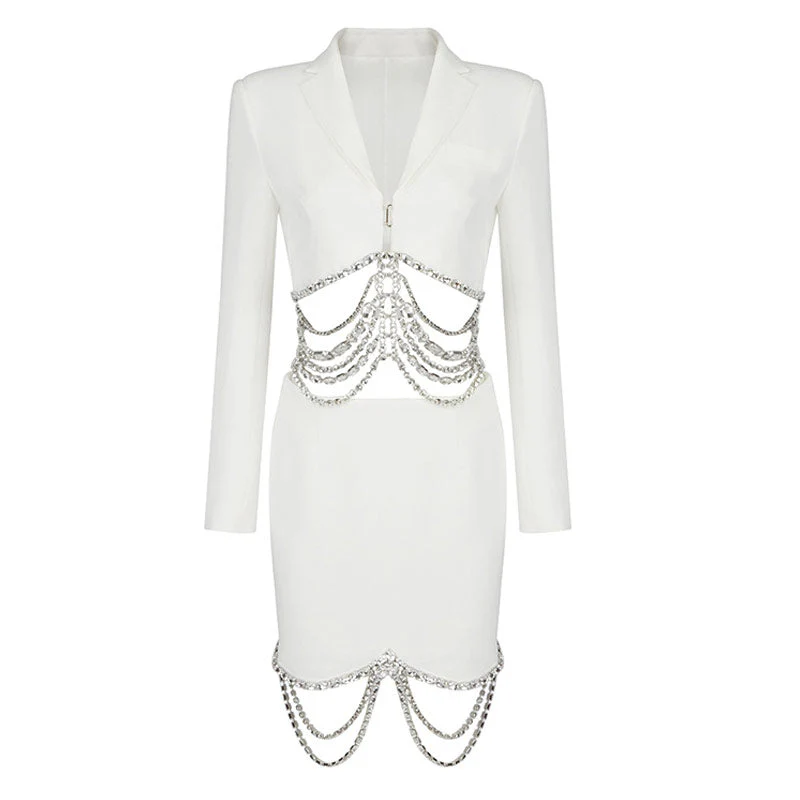 Sparkly Rhinestone Chain High Waist Deep V Blazer Matching Set - White - Image 5