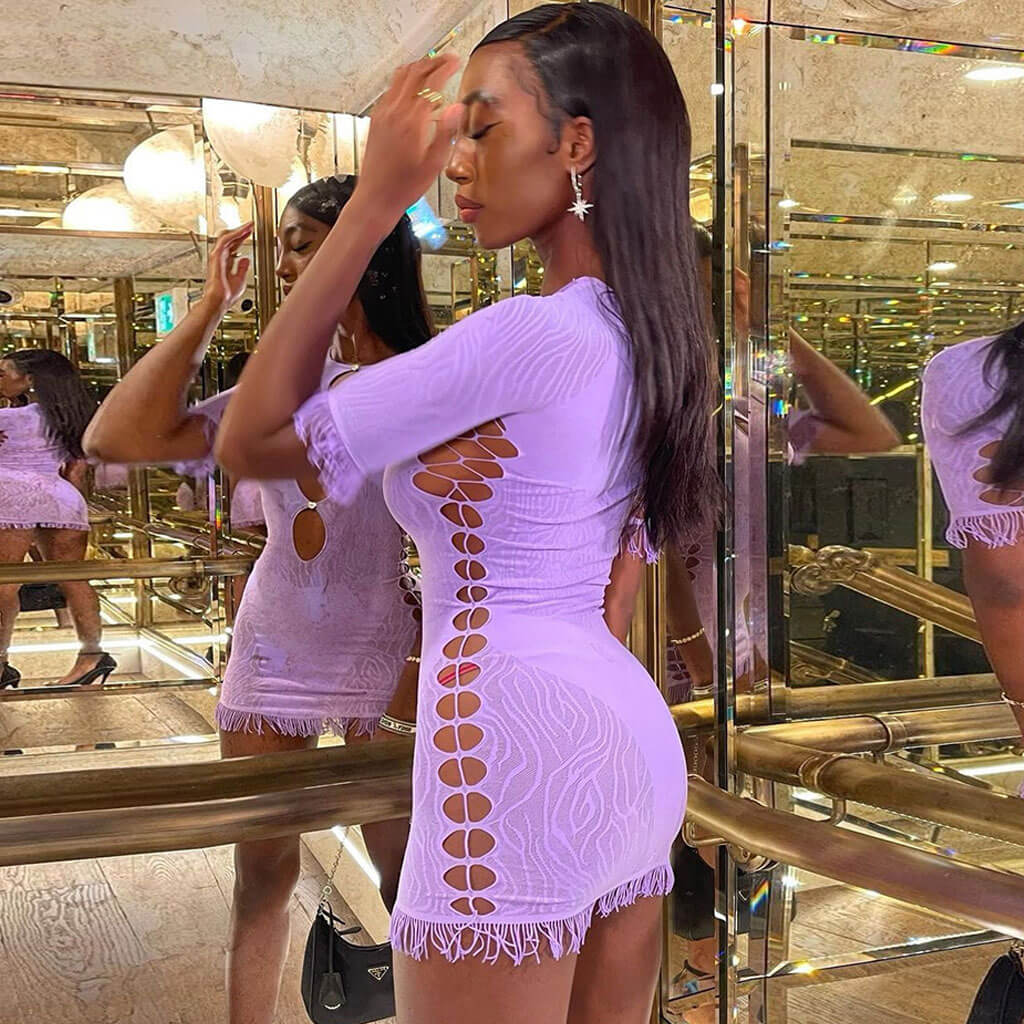 Sparkly Rhinestone Cut Out Fringe Leopard Mesh Mini Dress - Purple - Image 2