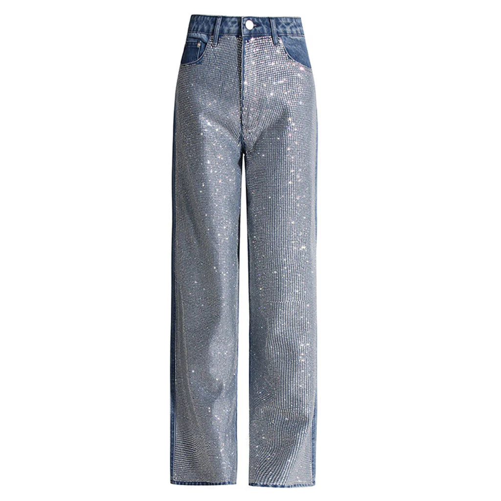 Sparkly Rhinestone Detail Pocket High Waist Straight Leg Jeans - Image 2