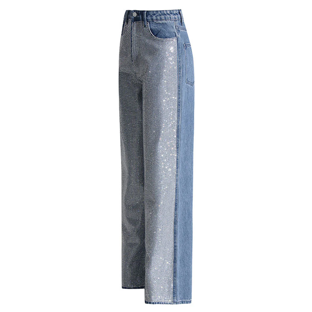 Sparkly Rhinestone Detail Pocket High Waist Straight Leg Jeans - Image 3