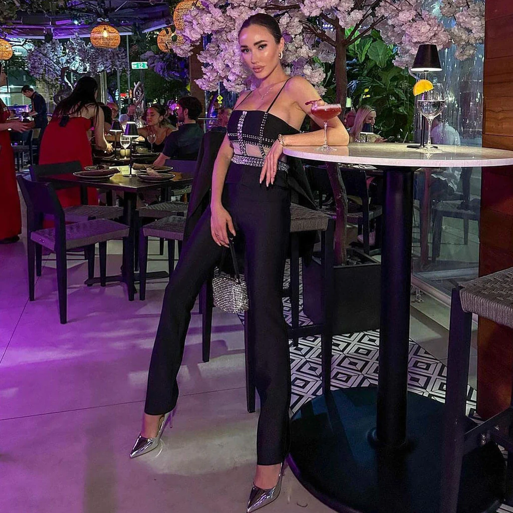 Sparkly Rhinestone Detail Sheer Mesh Wide Leg Sleeveless Bandage Jumpsuit - Image 4