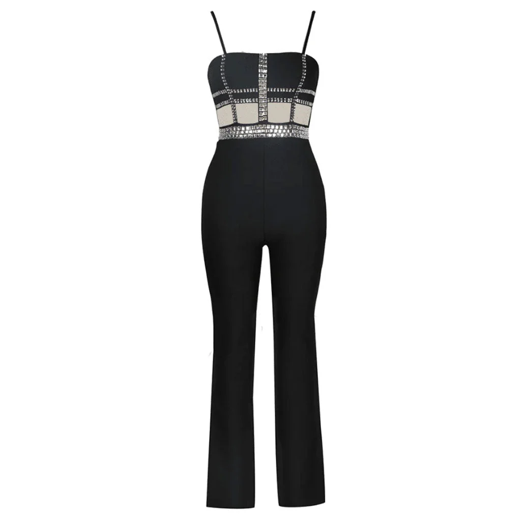 Sparkly Rhinestone Detail Sheer Mesh Wide Leg Sleeveless Bandage Jumpsuit - Image 5