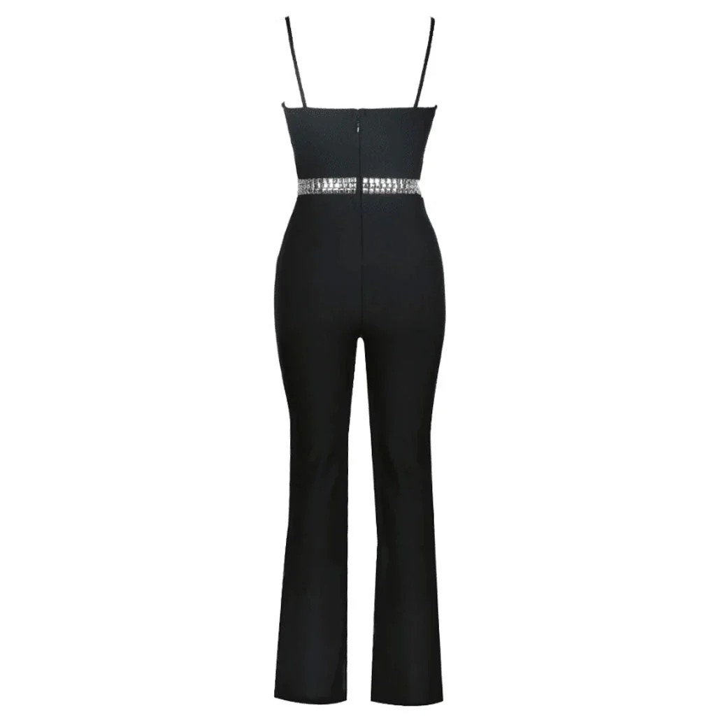 Sparkly Rhinestone Detail Sheer Mesh Wide Leg Sleeveless Bandage Jumpsuit - Image 6