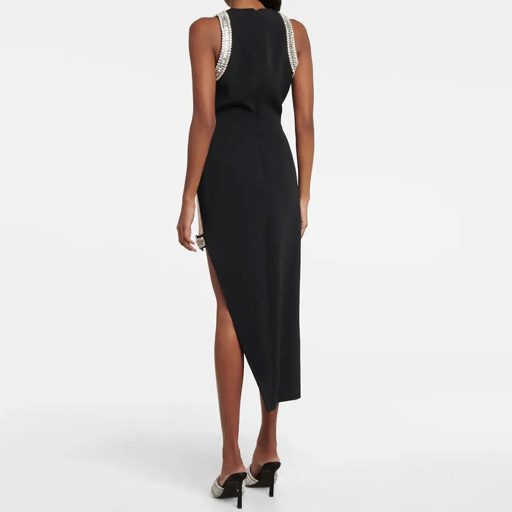 Sparkly Rhinestone Embellish Round Neck Split High Bandage Midi Cocktail Dress - Image 3