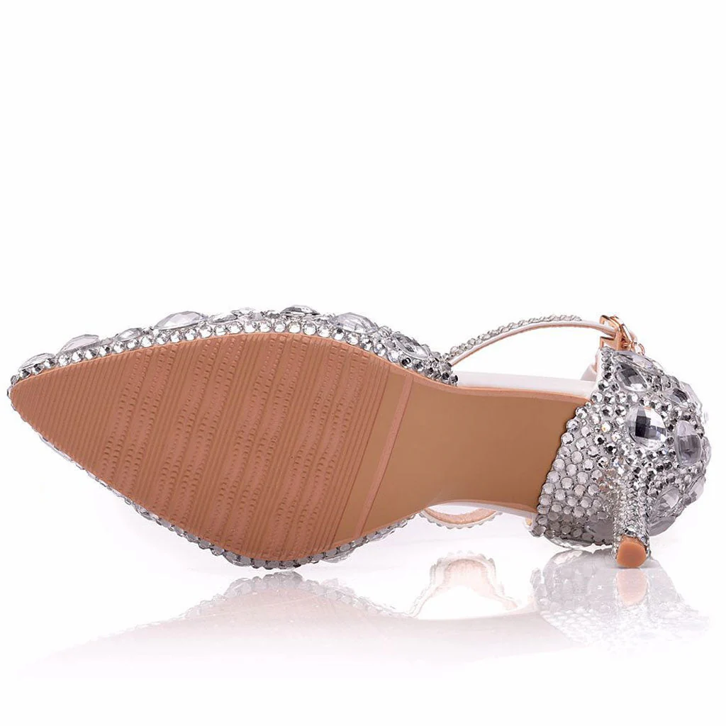 Sparkly Rhinestone Embellished Ankle Strap Stiletto Pumps - White - Image 4