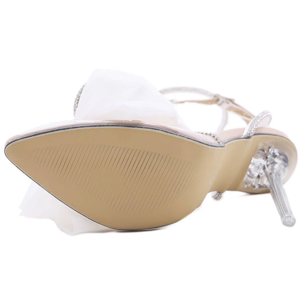 Sparkly Rhinestone Embellished Bowknot Ankle Strap Clear Sandals - White - Image 4