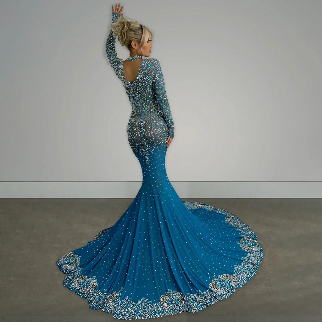 Sparkly Rhinestone Embellished High Neck Long Sleeve Mesh Mermaid Maxi Evening Dress - Image 3