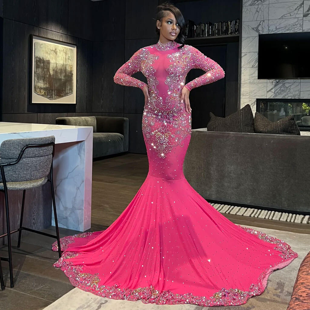 Sparkly Rhinestone Embellished High Neck Long Sleeve Mesh Mermaid Maxi Evening Dress - Image 5