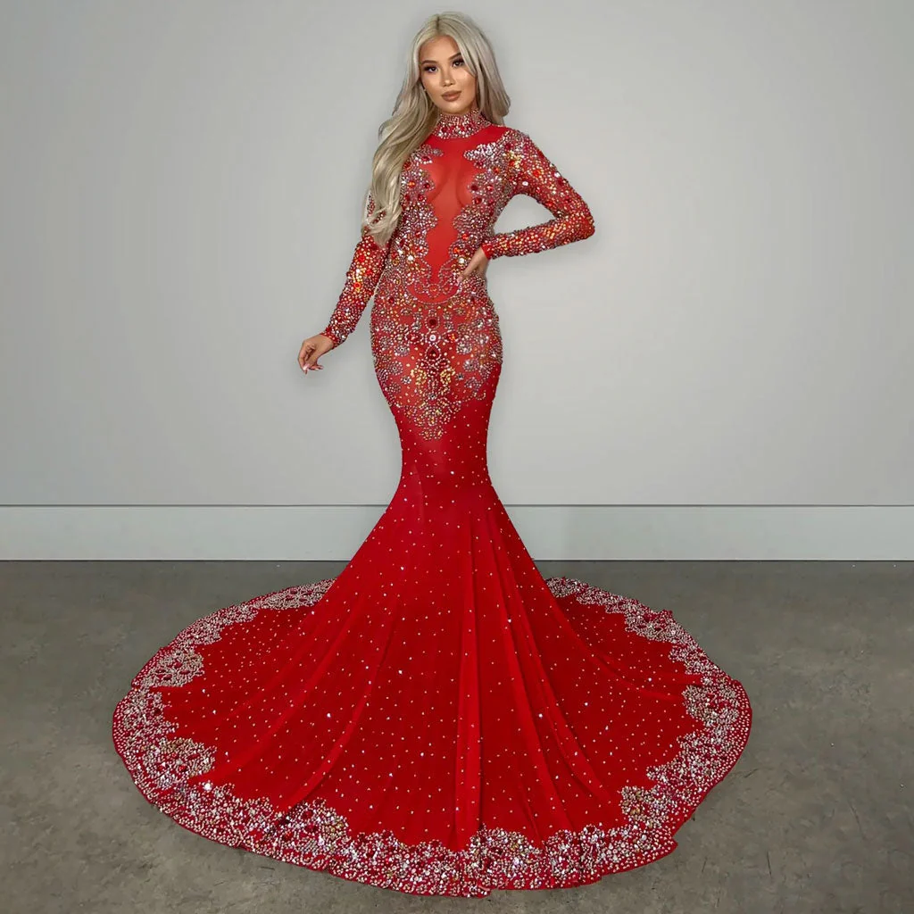 Sparkly Rhinestone Embellished High Neck Long Sleeve Mesh Mermaid Maxi Evening Dress - Image 6