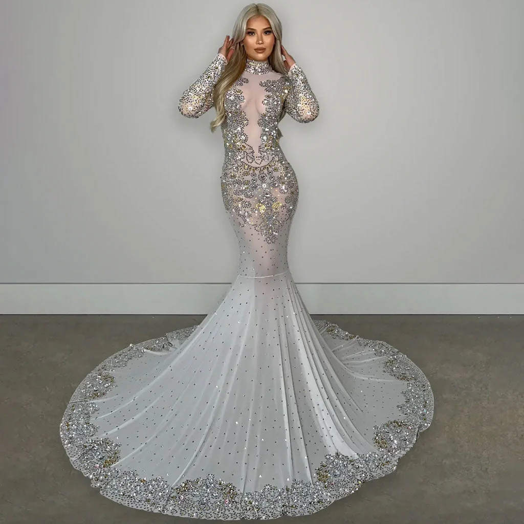 Sparkly Rhinestone Embellished High Neck Long Sleeve Mesh Mermaid Maxi Evening Dress - Image 7