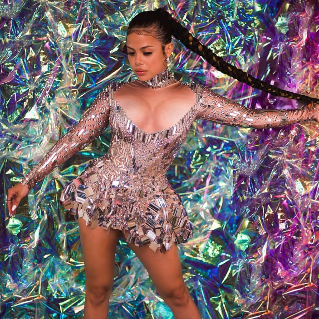 Sparkly Rhinestone Embellished High Neck Long Sleeve Mini Party Dress - Image 2