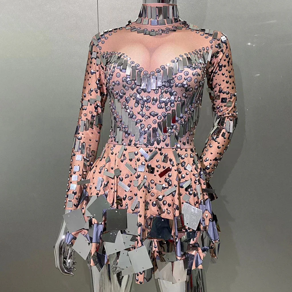 Sparkly Rhinestone Embellished High Neck Long Sleeve Mini Party Dress - Image 7