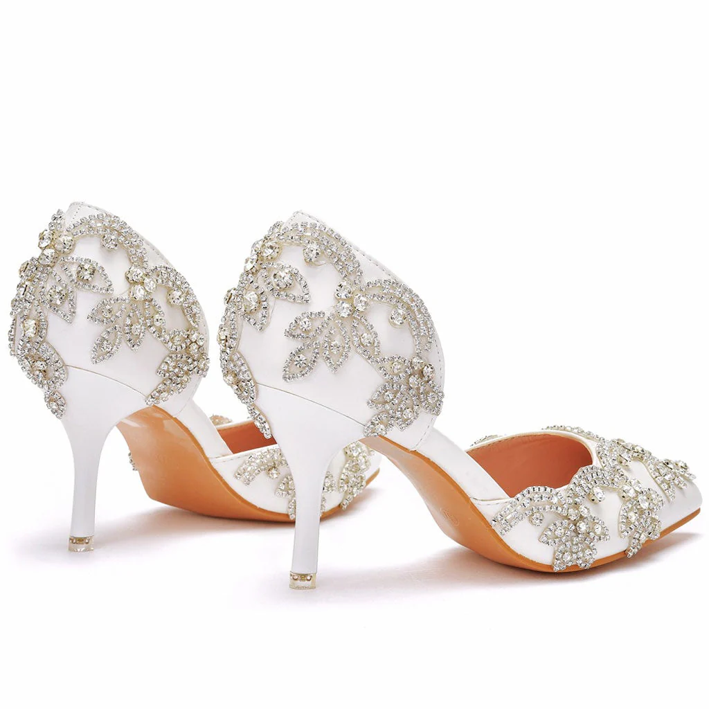 Sparkly Rhinestone Embellished Pointed Toe Stiletto Pumps - White - Image 3