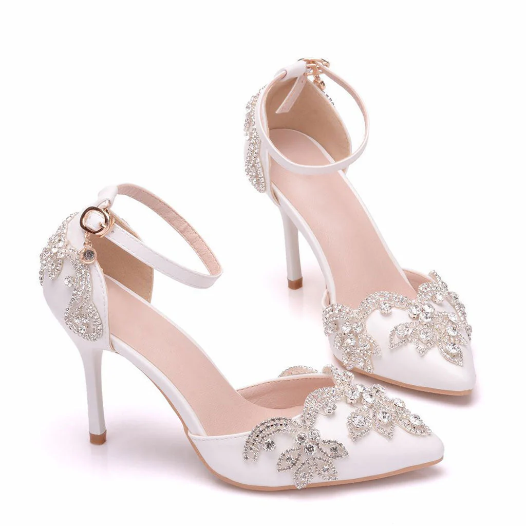 Sparkly Rhinestone Embellished Pointed Toe Stiletto Pumps - White - Image 2