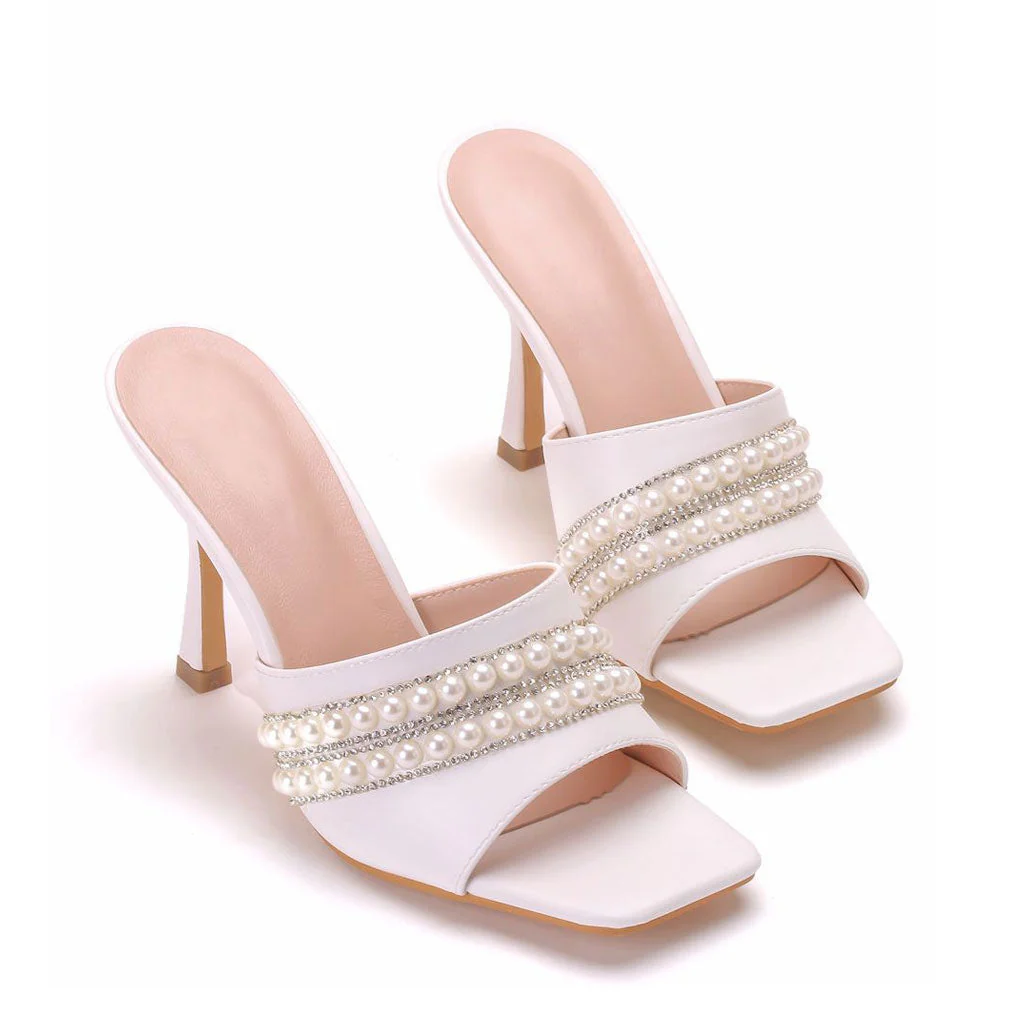Sparkly Rhinestone Embellished Square Toe High Heel Mules - White - Image 2