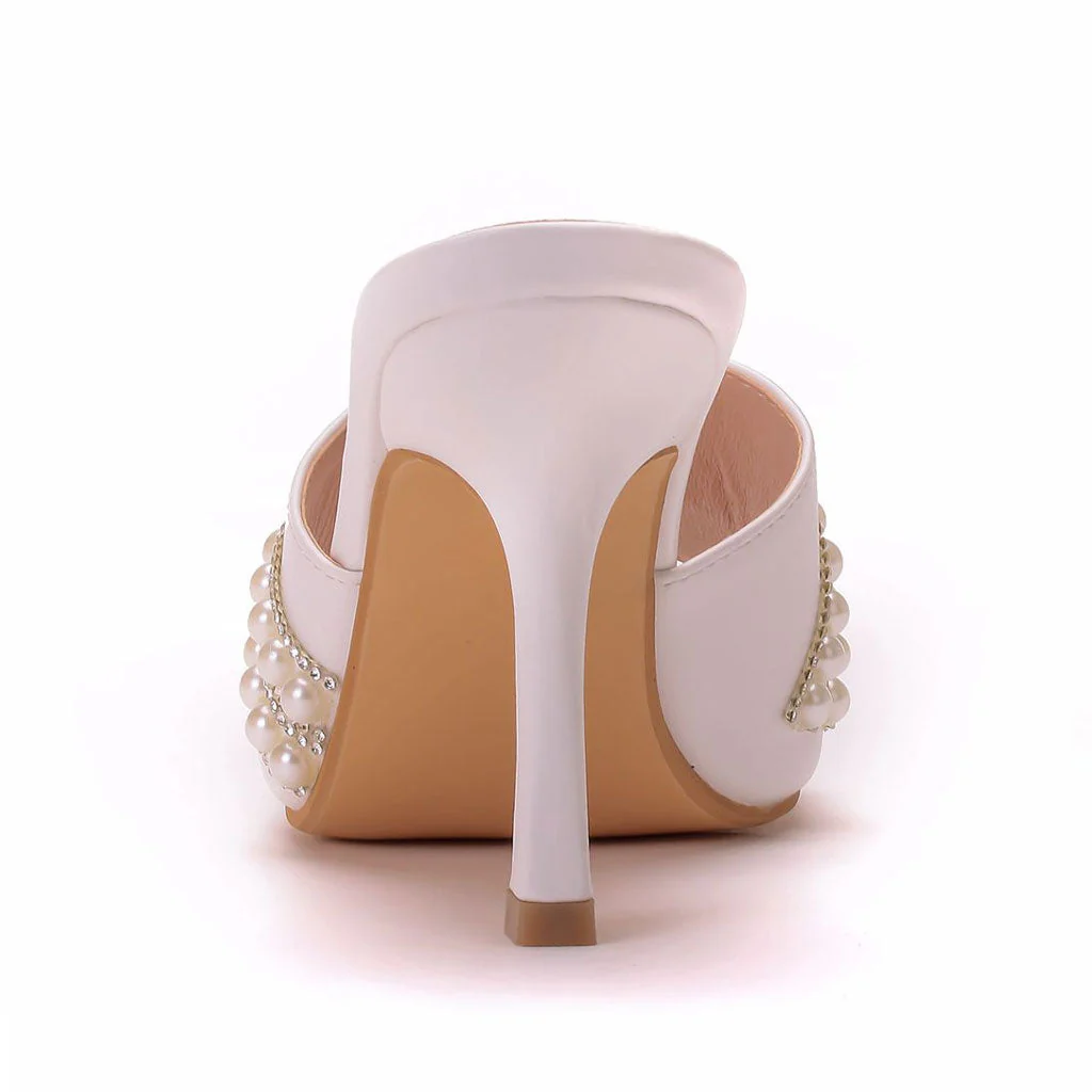Sparkly Rhinestone Embellished Square Toe High Heel Mules - White - Image 4