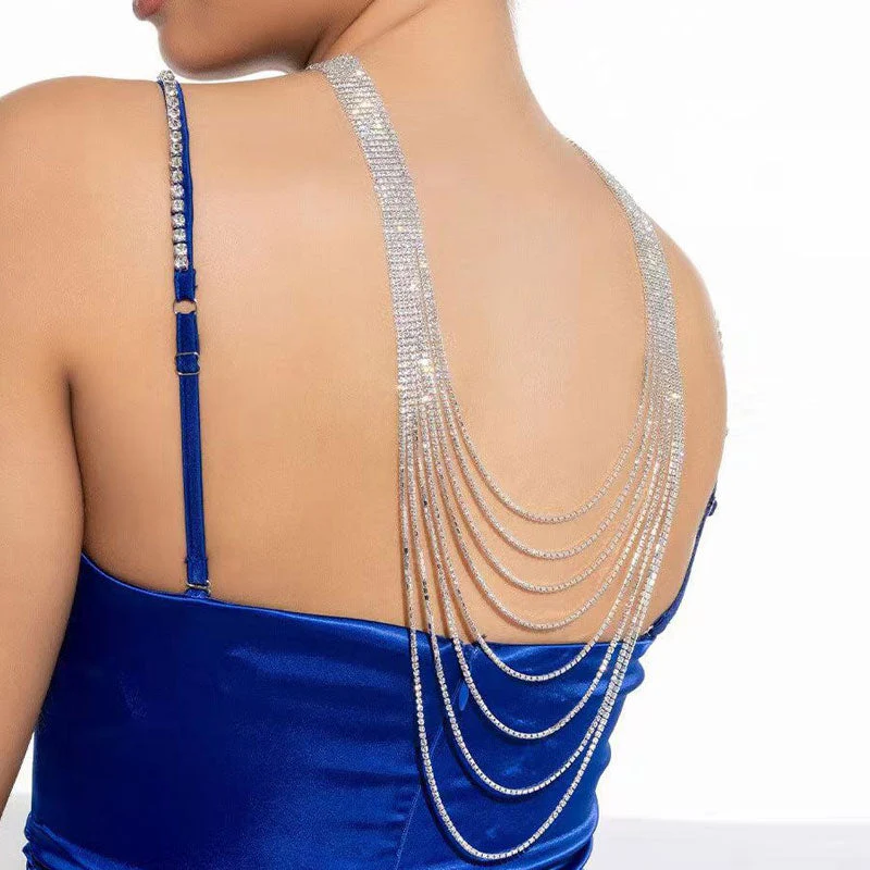 Sparkly Rhinestone Embellished Tassel Layered Backdrop NeckLace - Silver - Image 3