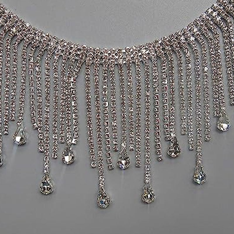 Sparkly Rhinestone Embellished Waterfall Fringe Choker NeckLace - Silver - Image 2